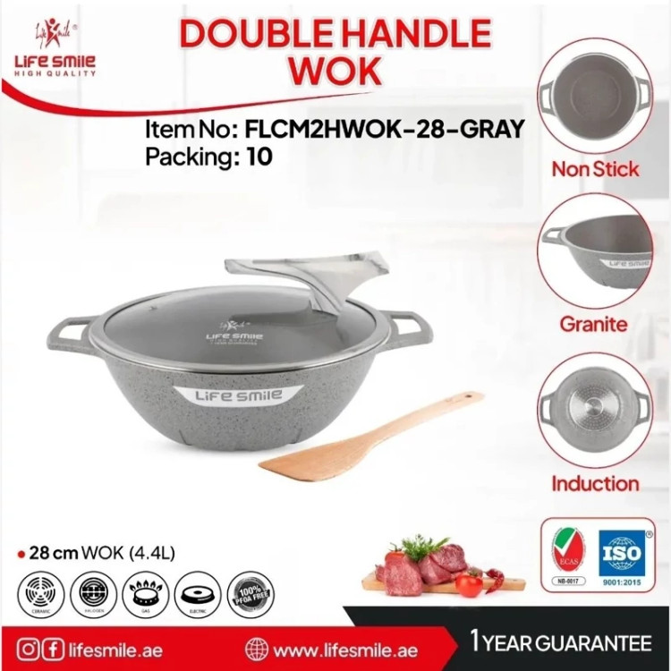 قابلمه ای ووک سایز 28 لایف اسمایل گرانیتی کد FLCM2HWOK 28 GRAY ماهیتابه تابه